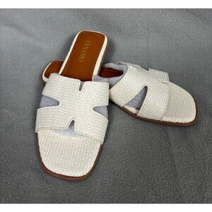 Tanamo Women's Sandals Slip on Slides Dressy Casual Flats Open Toe Cream 6 NWB.
